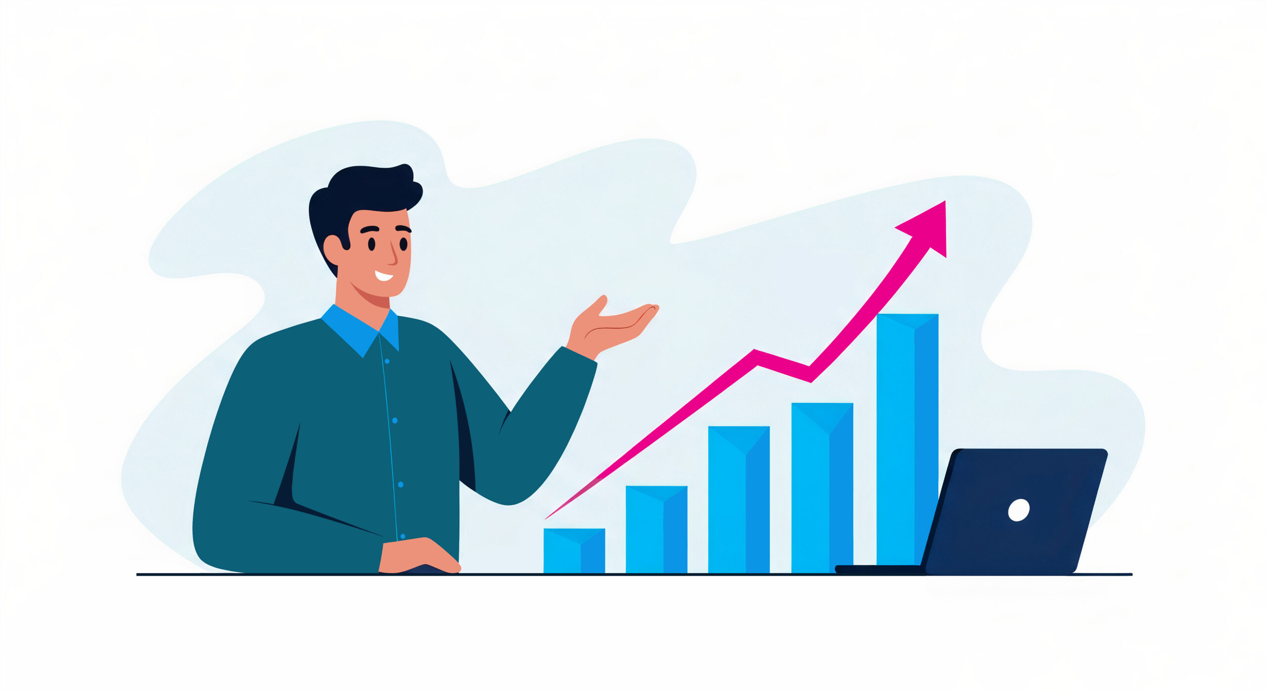 Illustration of a smiling professional presenting a rising bar chart with an upward arrow, symbolizing digital growth and strategies for how to approach SEO in the AI era.