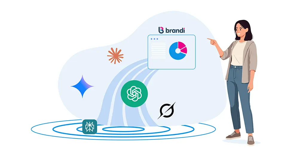 Two marketers analyzing data visualizations on a large screen, representing Generative Engine Optimization for content marketing and how AI-driven insights shape brand visibility.
