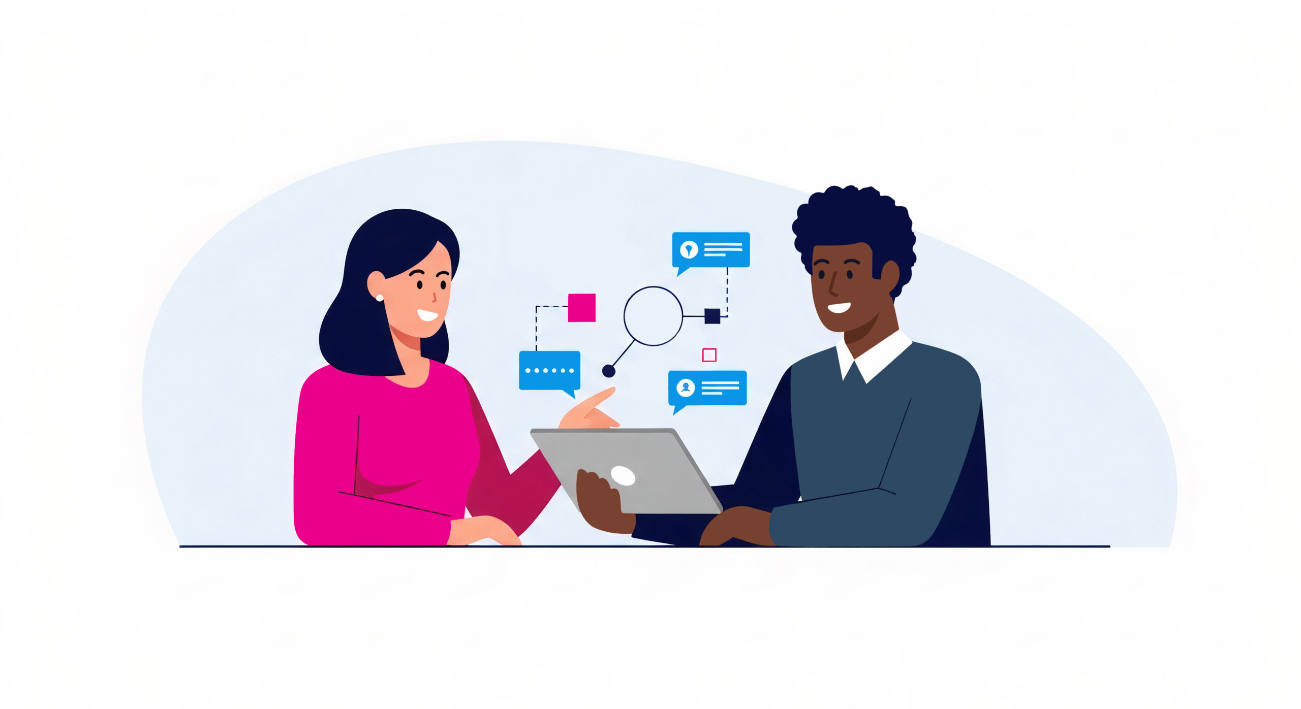 Illustration of two professionals collaborating on a tablet with icons representing communication and data connections, symbolizing how AI citations impact brand credibility.