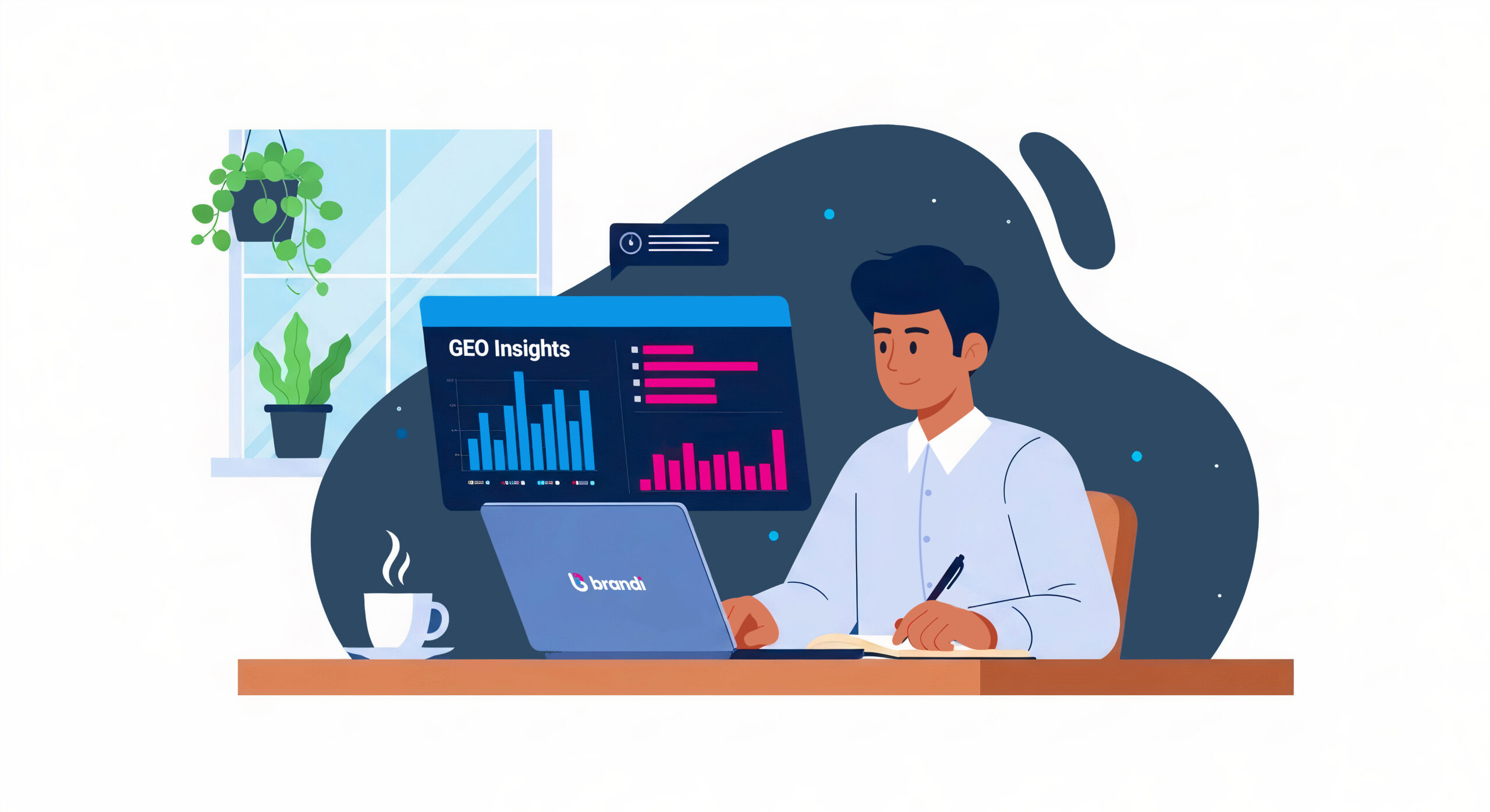 llustration of a professional working on a laptop showing GEO insights dashboards, symbolizing how AI is transforming the buyer journey by compressing research into real-time decisions.