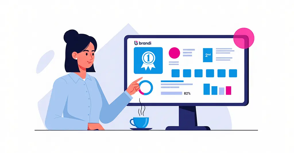 Illustration of a professional reviewing AI visibility metrics on a computer screen, highlighting rankings, citations, and performance data, representing how to improve brand visibility in AI search.